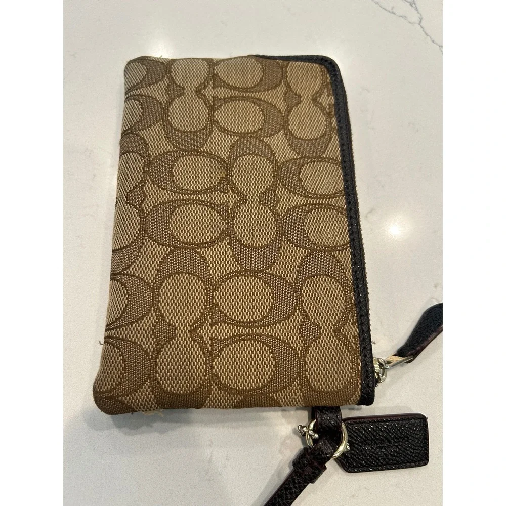 Coach Wristlet Brown Signature Canvas Leather Trim Small Zip Pouch Wallet